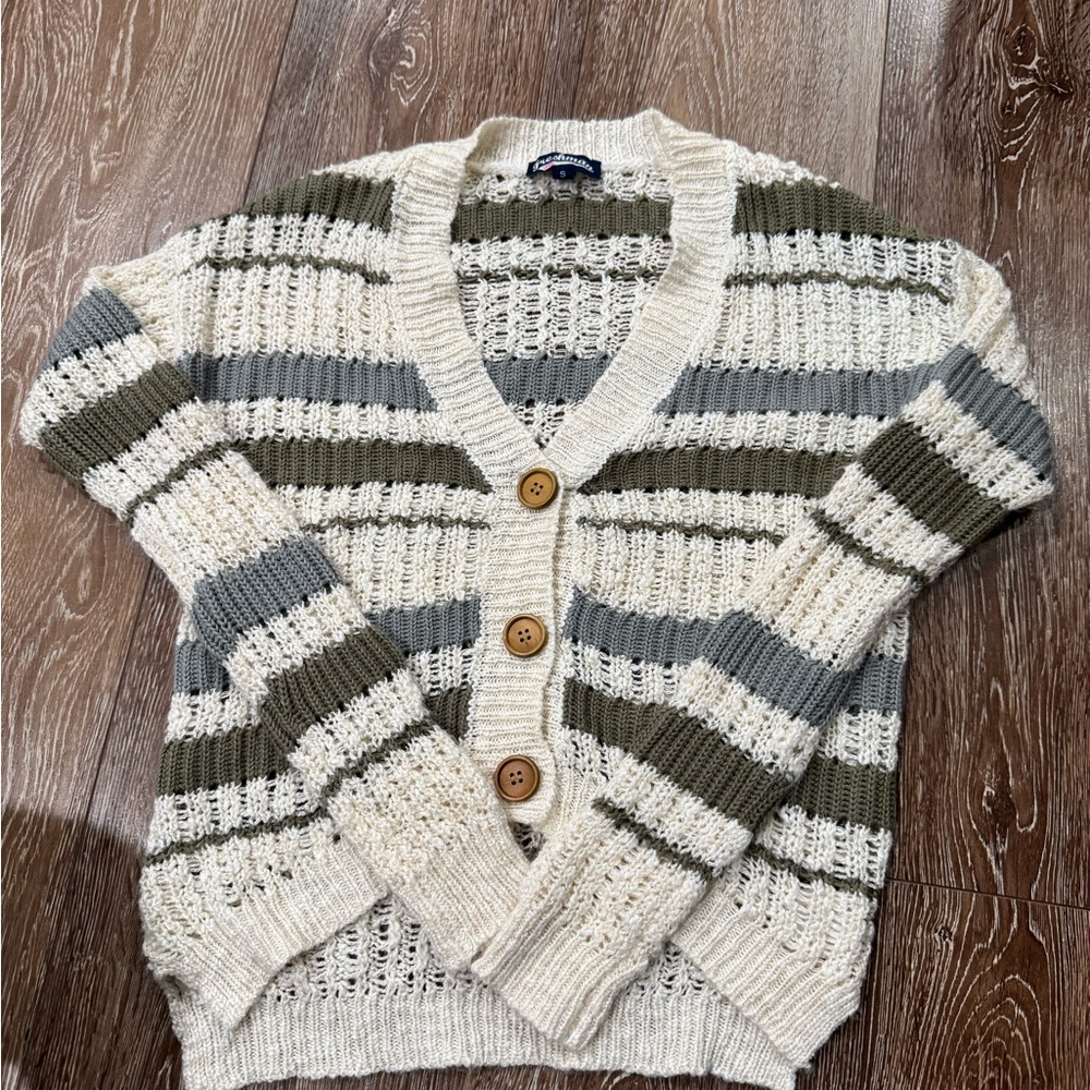 Striped Cream and Gray Cardigan Sweater